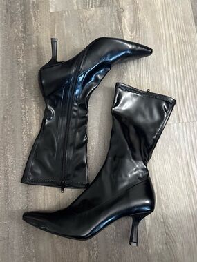 Aurelia Black Pointed-Toe Mid-Calf Stiletto Boots